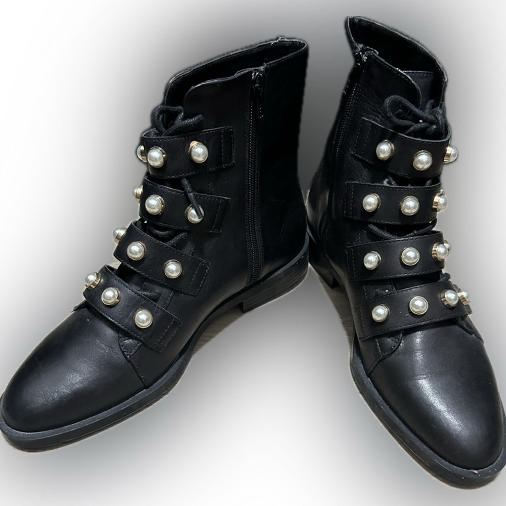 Zara Pearl Embellished Biker Boots - Picture 7 of 10